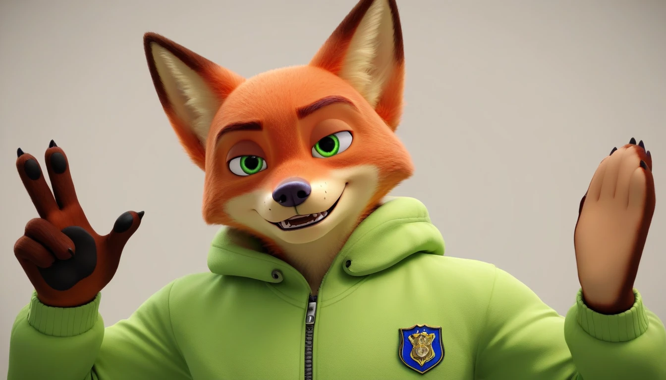 score_9, score_8_up, score_7_up, rating_safe,source_furry,anthro,source_3D, nick wilde male muscular fox (fursuit version) looking at the viewer a gesture of peace and love (standard film uniform) (ultra realistic almost looking like a human being) (green eyes)
