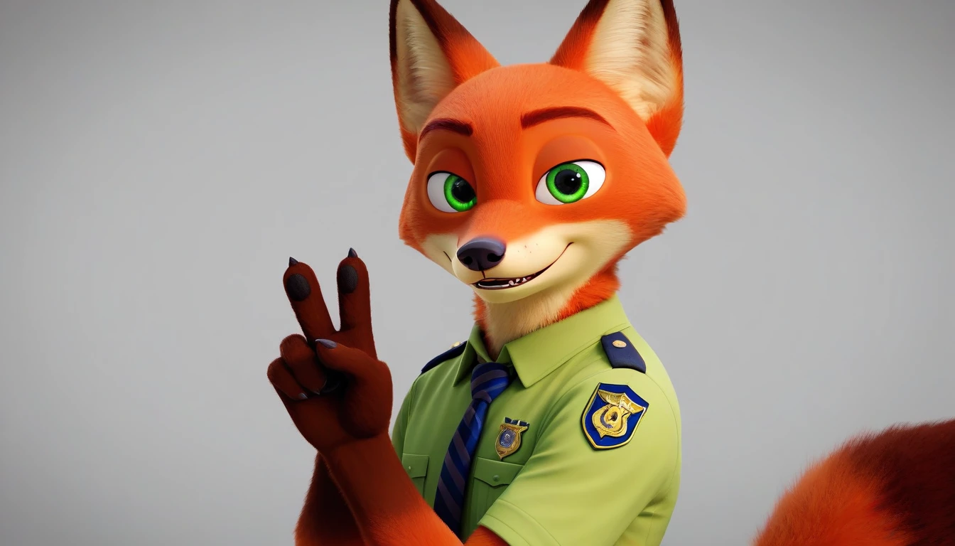 score_9, score_8_up, score_7_up, rating_safe,source_furry,anthro,source_3D, nick wilde male muscular fox (fursuit version) looking at the viewer a gesture of peace and love (standard film uniform) (ultra realistic almost looking like a human being) (green eyes)