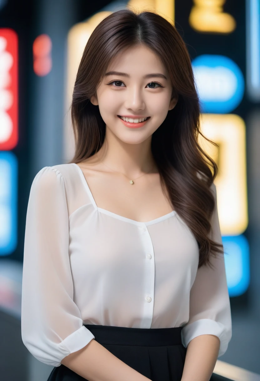 8K, Ultra-high resolution, Highest quality, masterpiece, 三分割法によるphotograph,Surreal, photograph, 1 girl, (16 years old:1.3), pretty girl, Cute face, Beautiful eyes in every detail, 細かくdetailedに,masterpiece,, One Girl:1.2, Japan Female Announcer,whole body,Young Wife, (night, (Neon Signs), (Blurred Background), ((See-through blouse)), (White blouse)), , Very slim, Black Pencil Skirt、Full of cleanliness,A carefree smile,Healing the heart,Semi-long layered hair,Looking at the audience、beauty,Long neck、Laugh a little、Please close your mouth and laugh、(((Ideal body type))),A-cup small breasts :2,、Portraiture:2、Perfect Anatomy、鮮明なdetailed、detailed、Surreal、Light and shadow,Strong light