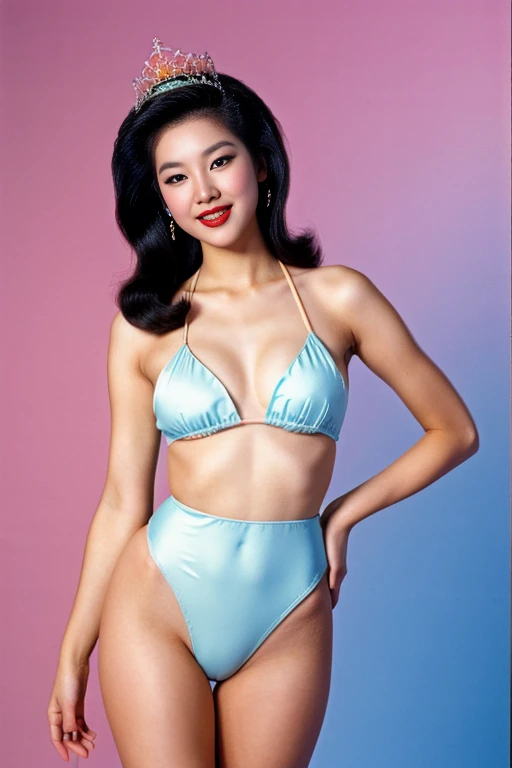 Seoul, 1982, A young korean beautiful girl, 22-year-old, sexy girl, strikingly beautiful, black hair, big breasts, delicate facial features, porcelain skin, red lips, expressive eyes, ((awe and joy expression)), a prizewinner in a beauty contest, miss korea, (Miss Korea light-blue one-piece Swimsuit), winner crown, the sash, ((hairstyle of the 1980s)),((pin up style)), pastel background, cowboy shot,