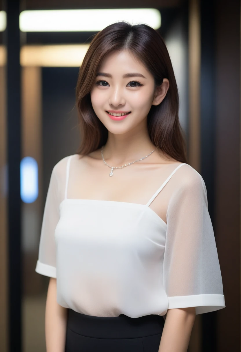 8K, Ultra-high resolution, Highest quality, masterpiece, 三分割法によるphotograph,Surreal, photograph, 1 girl, (16 years old:1.3), pretty girl, Cute face, Beautiful eyes in every detail, 細かくdetailedに,masterpiece,, One Girl:1.2, Japan Female Announcer,whole body,Young Wife, (night, (Neon Signs), (Blurred Background), ((See-through blouse)), (White blouse)), , Very slim, Black Pencil Skirt、Full of cleanliness,A carefree smile,Healing the heart,Semi-long layered hair,Looking at the audience、beauty,Long neck、Laugh a little、Please close your mouth and laugh、(((Ideal body type))),A-cup small breasts :2,、Portraiture:2、Perfect Anatomy、鮮明なdetailed、detailed、Surreal、Light and shadow,Strong light
