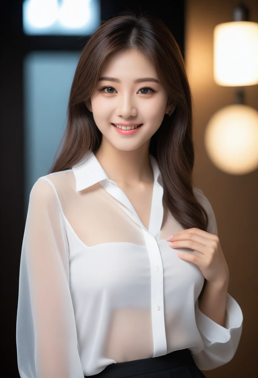 8K, Ultra-high resolution, Highest quality, masterpiece, 三分割法によるphotograph,Surreal, photograph, 1 girl, (16 years old:1.3), pretty girl, Cute face, Beautiful eyes in every detail, 細かくdetailedに,masterpiece,, One Girl:1.2, Japan Female Announcer,whole body,Young Wife, (night, (Neon Signs), (Blurred Background), ((See-through blouse)), (White blouse)), , Very slim, Black Pencil Skirt、Full of cleanliness,A carefree smile,Healing the heart,Semi-long layered hair,Looking at the audience、beauty,Long neck、Laugh a little、Please close your mouth and laugh、(((Ideal body type))),A-cup small breasts :2,、Portraiture:2、Perfect Anatomy、鮮明なdetailed、detailed、Surreal、Light and shadow,Strong light