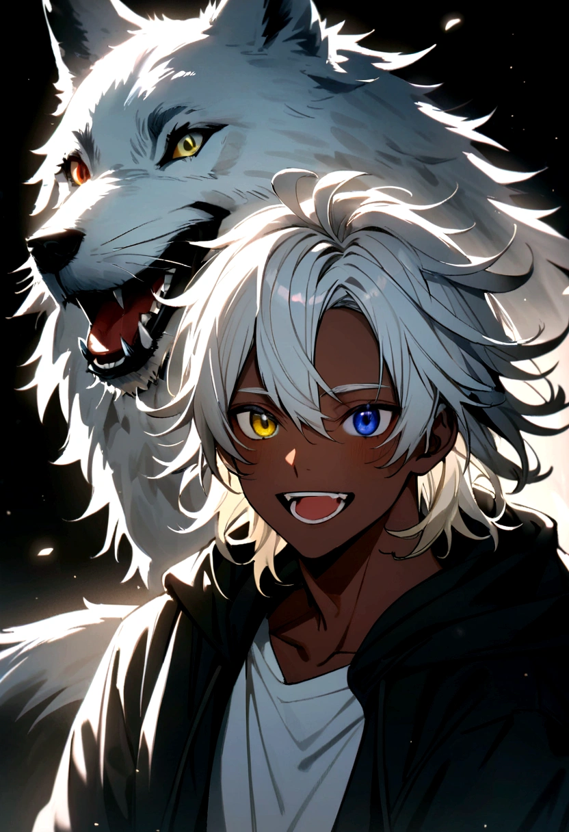 white shirt, wearing a black hoodie , yellow and black eyes heterochromia , Joyful expression, Messy hair , Medium length hair , 1 men , multicolored black and white hair , two tone hair , dark skin color, next to two wolves, a black wolf with yellow eyes and a white wolf with black eyes