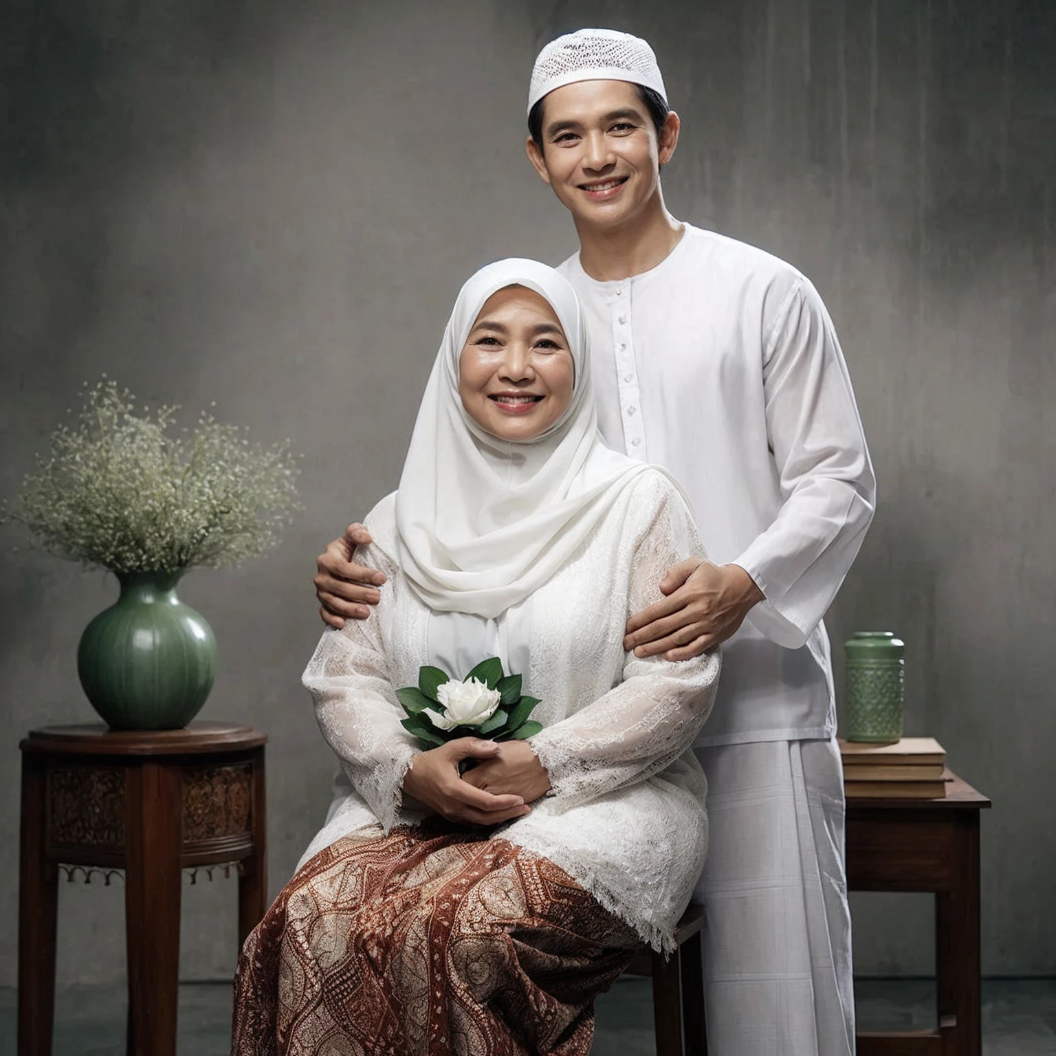 photography, indoor photo, full body, a 55-year-old Indonesian woman white hijab sitting on a chair, wearing a headscarf, wearing white gamis a long batik skirt, behind her stands a 50-year-old men with a clean face, very short hair, hold woman, wearing muslim white clothes, smiling, abstract gray studio background, green flower vase, detailed, good lighting, professional photography, HD, 8K