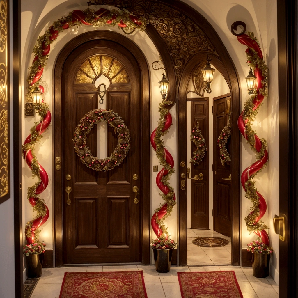 "A grand and whimsical entrance to a chocolate factory, inspired by a magical world. The door is large and ornate, with intricate golden designs and swirls. The door itself is made of a rich, dark wood, adorned with colorful candy-shaped decorations. Above the door, a sign reads 'Chocolate Factory' in elegant, playful lettering. Surrounding the entrance are vibrant, oversized candy canes and lollipop trees, adding to the fantastical atmosphere. The setting is inviting and enchanting, promising a world of wonders and sweet delights inside."