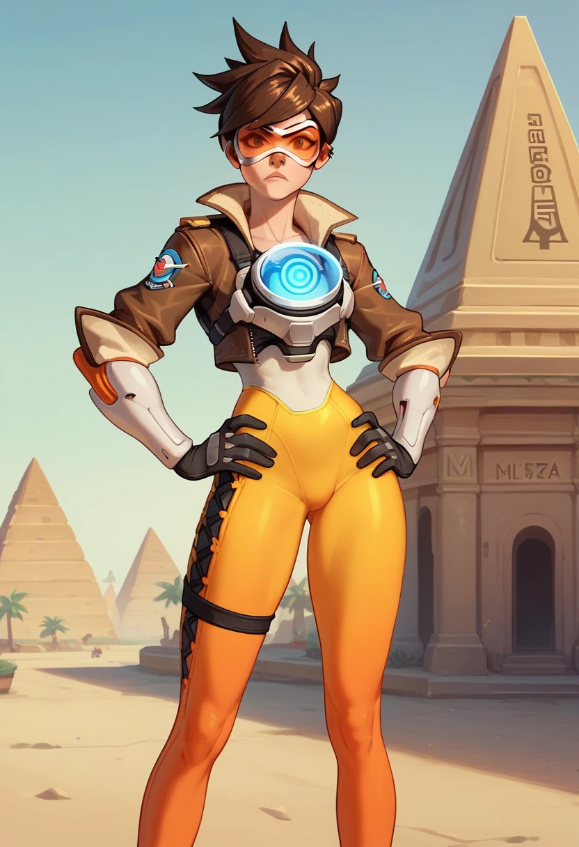 tracerow,tracer (overwatch),short hair, (visor, googles), cropped jacket, orange leggings, looking at viewer, serious, angry, 
standing, hands on hips, outside, egypt, pyramid of giza, extreme detail, masterpiece,  big tits