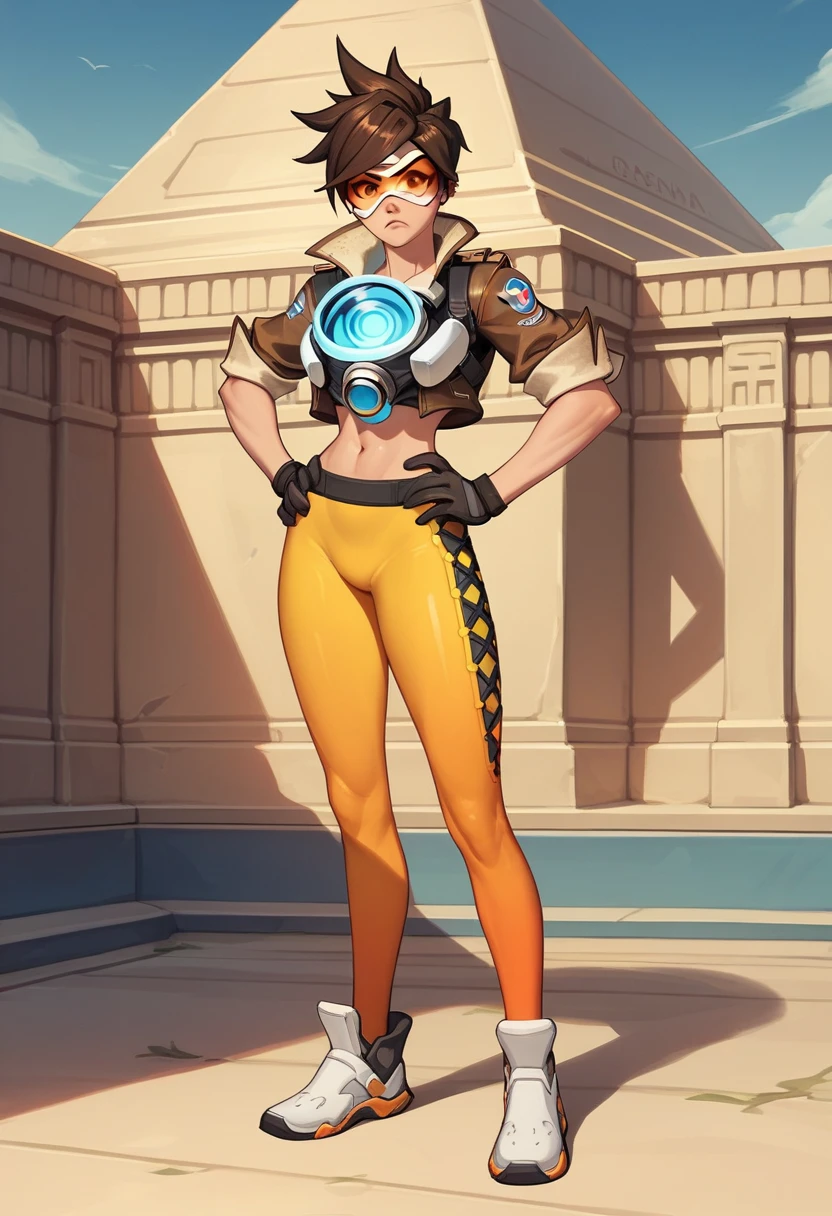 tracerow,tracer (overwatch),short hair, (visor, googles), cropped jacket, orange leggings, looking at viewer, serious, angry,
standing, hands on hips, outside, egypt, pyramid of giza, extreme detail, masterpiece, big tits