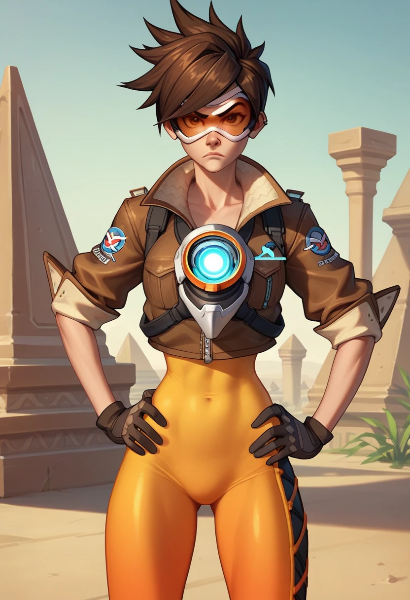 tracerow,tracer (overwatch),short hair, (visor, googles), cropped jacket, orange leggings, looking at viewer, serious, angry,
standing, hands on hips, outside, egypt, pyramid of giza, extreme detail, masterpiece, big tits