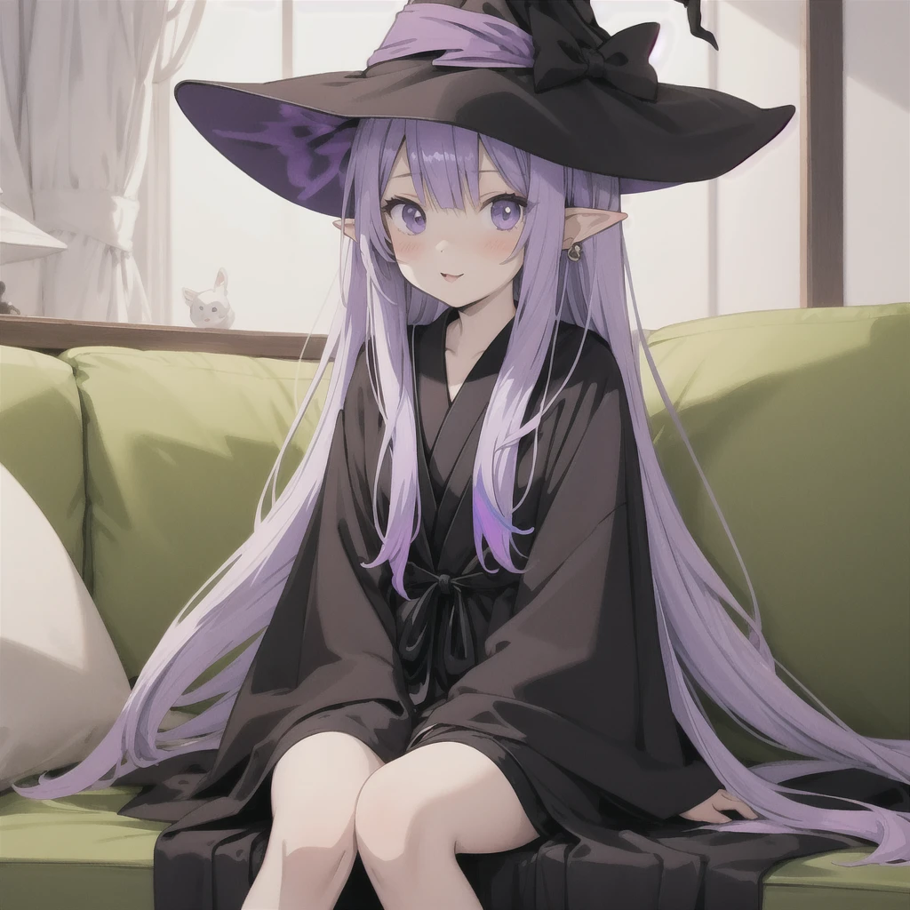 anime girl long purple hair wearing a black Robe. she has pointy ears. Witch Hat. Manga kawaii. iridescent ,An illustration, Sit on the sofa, One person