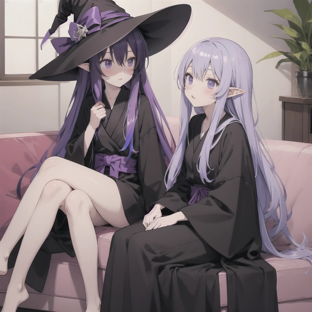 anime girl long purple hair wearing a black Robe. she has pointy ears. Witch Hat. Manga kawaii. iridescent ,An illustration, Sit on the sofa, One person