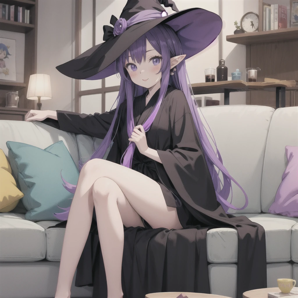 anime girl long purple hair wearing a black Robe. she has pointy ears. Witch Hat. Manga kawaii. iridescent ,An illustration, Sit on the sofa, One person