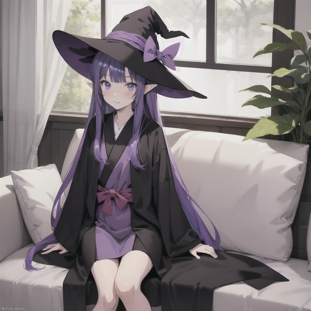 anime girl long purple hair wearing a black Robe. she has pointy ears. Witch Hat. Manga kawaii. iridescent ,An illustration, Sit on the sofa, One person
