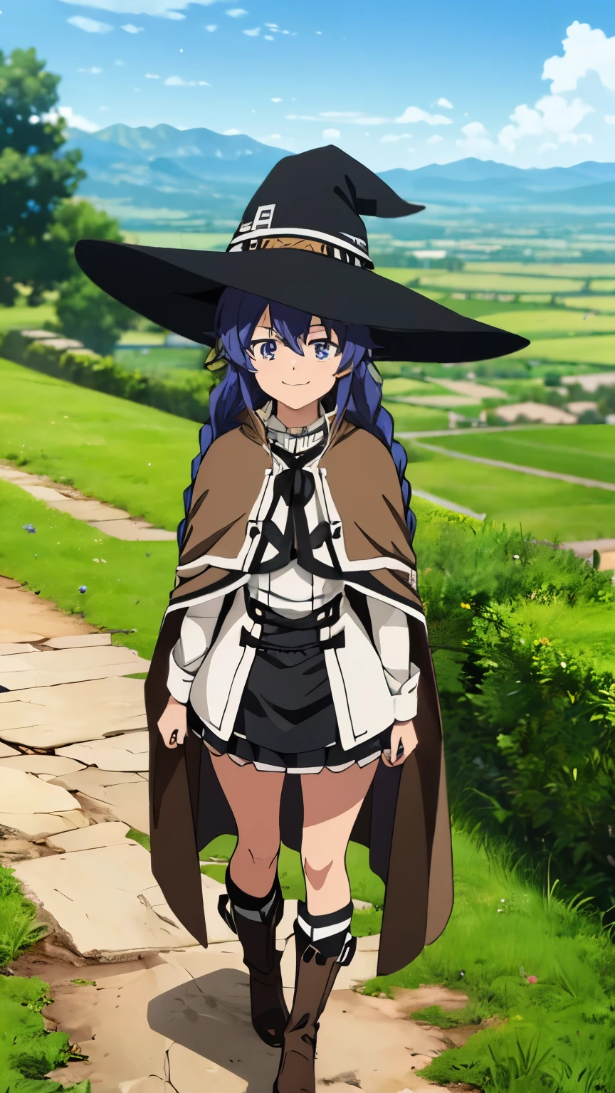 (masterpiece, best quality, high resolution, 8k:1.2),(anime), Roxy_Migurdia(mushoku tensei), 1girl, Blue eyes, Crimson blue hair, twin braids, long hair, small breasts, (smile), (white dress, white shirt, long sleeve, collared shirt, neck ribbon, black ribbon, black skirt, mini skirt, witch hat, black hat, (brown cape:1.2), white boots, black socks), (watching at viewers:1.2), dynamic angles, Grassland