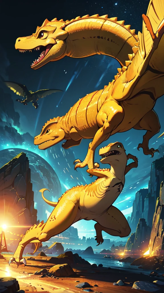 Yellow little dinosaur, digital world, comical, dynamic pose, dynamic, vast world, whole body