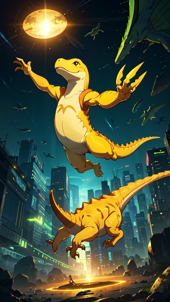 Yellow little dinosaur, digital world, comical, dynamic pose, dynamic, vast world, whole body
