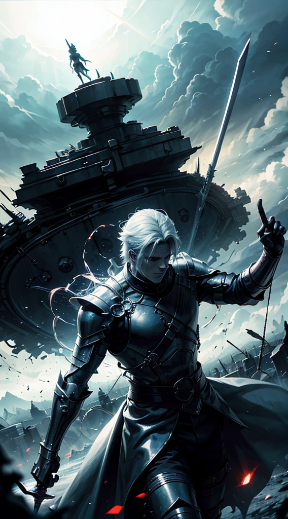 The Guy with the Sword, costumes, portal to another world in the background,red blood element, Red Demon Eyes, HD Light & Dark, Balance Rendering, HD lighting and darkness )<=(Epic image quality)dark atmosphere with bright light particles(Lots of effects in the background)