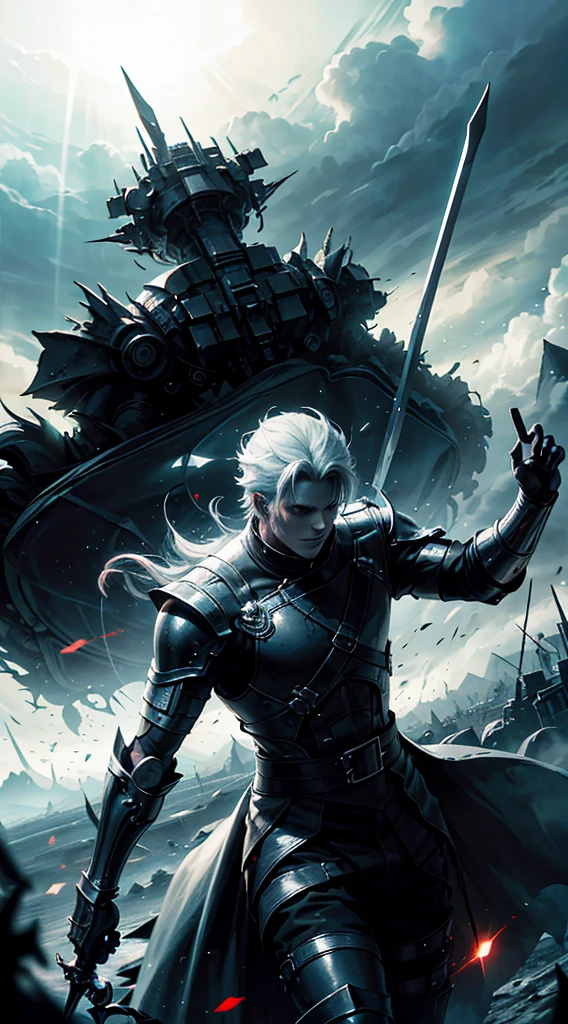 The Guy with the Sword, costumes, portal to another world in the background,red blood element, Red Demon Eyes, HD Light & Dark, Balance Rendering, HD lighting and darkness )<=(Epic image quality)dark atmosphere with bright light particles(Lots of effects in the background)
