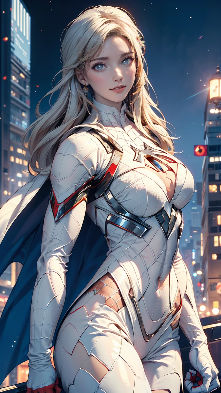 (masterpiece, 4K resolution, Ultra-realistic, Very detailed), (White costume superhero theme, Charismatic, Girl on top of the city, Wearing a white Spiderman costume, Super Heroine), [((23 years old), (Long white hair:1.2), whole body, (blue eyes:1.2), (Spiderman&#39;s Dynamic Pose) ((shortage々New urban environment):0.8)| (Cityscape, at night, Dynamic Light), (full moon))]