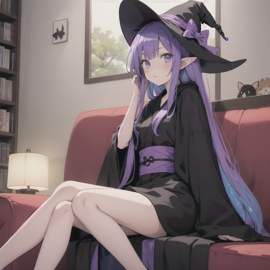 anime girl long purple hair wearing a black Robe. she has pointy ears. Witch Hat. Manga kawaii. iridescent ,An illustration, Sit on the sofa,One person

