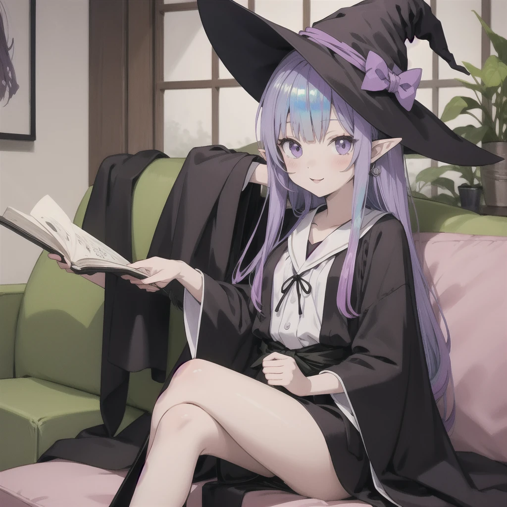 anime girl long purple hair wearing a black Robe. she has pointy ears. Witch Hat. Manga kawaii. iridescent ,An illustration, Sit on the sofa,One person