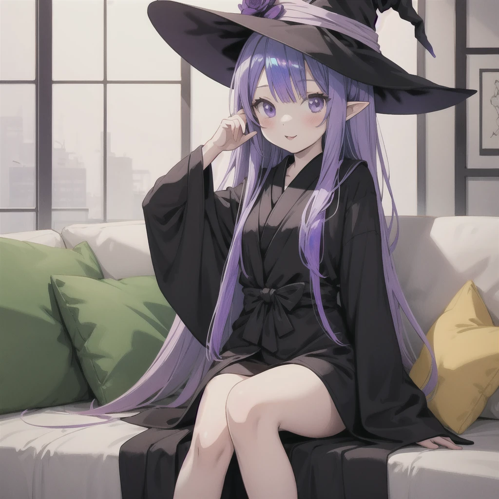 anime girl long purple hair wearing a black Robe. she has pointy ears. Witch Hat. Manga kawaii. iridescent ,An illustration, Sit on the sofa,One person