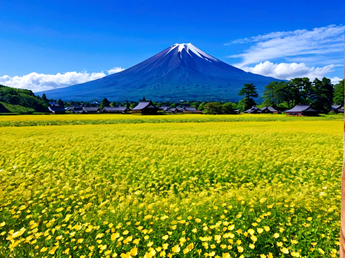 A large field of yellow flowers with a mountain in the background, Heroine Japan Vivid scenery, mount Fuji Mountain in the background, Japanese countryside, mount Fuji Mountain on the background, mount Fuji Mountain, Japanese Nature, mount Fuji Mountain background, mount. Fuji Mountain, mountain Fuji Mountain on the background, Fuji Mountain choko, Japanese countryside, Japan Countryside Travel, Very beautiful scenery, very Very beautiful scenery