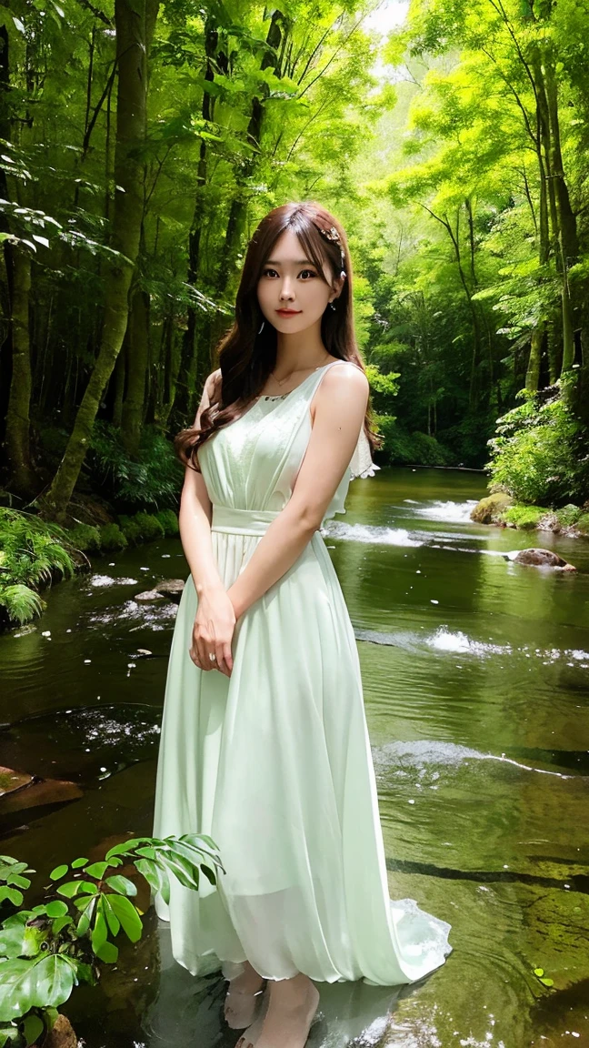 Generate an image of a stunning woman in a flowing dress, standing in the middle of a lush, green forest. The sunlight filters through the trees, casting a soft glow on her. The scene should feel serene, natural, and ethereal