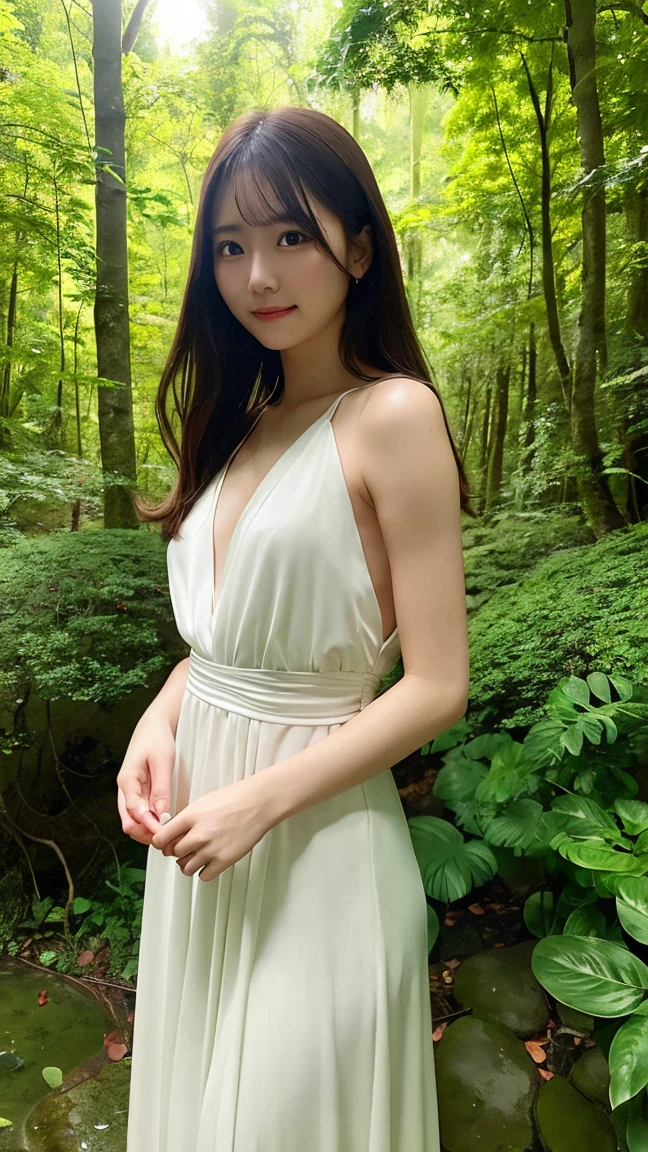 Generate an image of a stunning woman in a flowing dress, standing in the middle of a lush, green forest. The sunlight filters through the trees, casting a soft glow on her. The scene should feel serene, natural, and ethereal