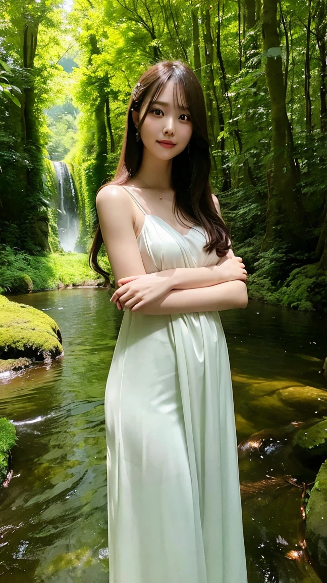 Generate an image of a stunning woman in a flowing dress, standing in the middle of a lush, green forest. The sunlight filters through the trees, casting a soft glow on her. The scene should feel serene, natural, and ethereal