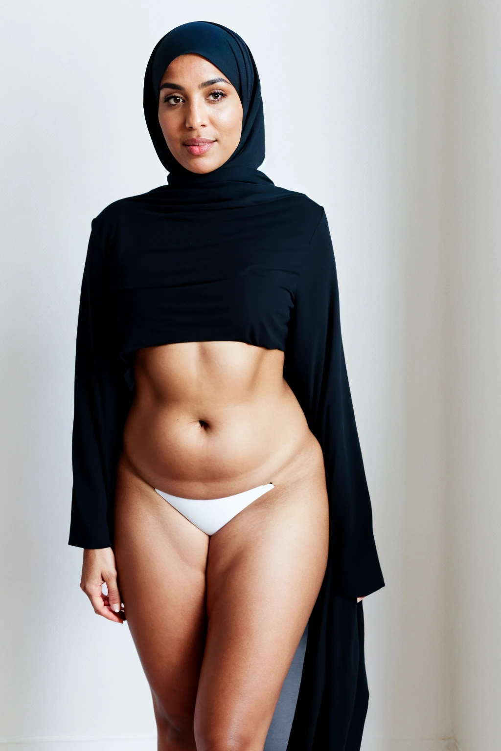 RAW photo,candid photograph, full body,photo of a beautiful,modern,35yo Moroccan woman,black hijab, detailed skin, naked, looking at viewer, chubby body structure,white background,no background, candid pose,blue light, film grain, kodak color, instagram LUT