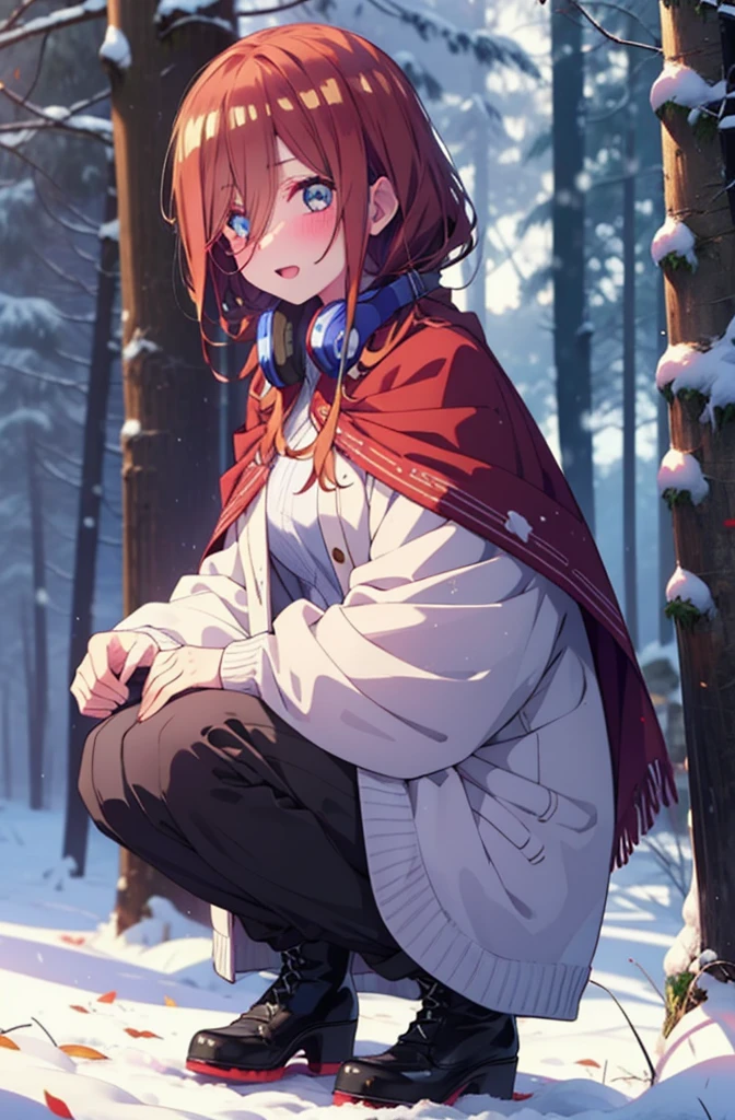 miku nakano, miku nakano, Long Hair, bangs, Brown Hair, shirt, Hair between the eyes, cardigan, Headphones around the neck,smile,blush,White Breath,
Open your mouth,snow,Ground bonfire, Outdoor, boots, snowing, From the side, wood, suitcase, Cape, Blurred, Increase your meals, forest, White handbag, nature,  Squat, Mouth closed, フードed Cape, winter, Written boundary depth, Black shoes, red Cape break looking at viewer, Upper Body, whole body, break Outdoor, forest, nature, break (masterpiece:1.2), Highest quality, High resolution, unity 8k wallpaper, (shape:0.8), (Beautiful and beautiful eyes:1.6), Highly detailed face, Perfect lighting, Highly detailed CG, (Perfect hands, Perfect Anatomy),