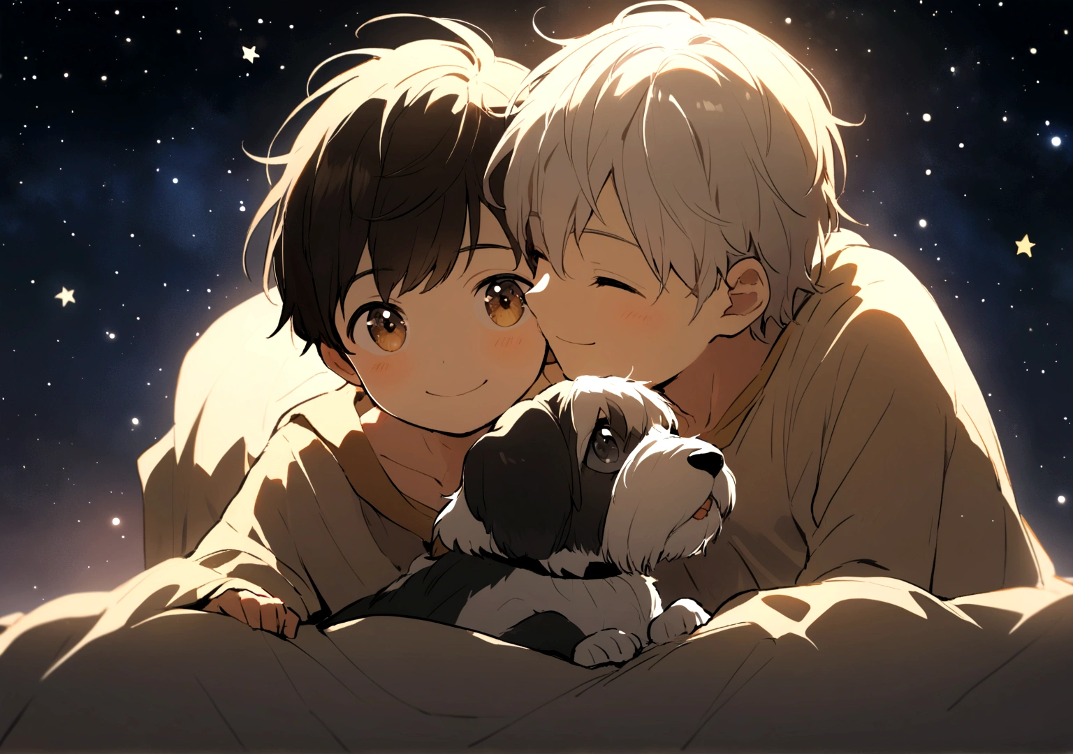 a smiling 5 year old human boy, with your schnauzer dog, aimed at the stars