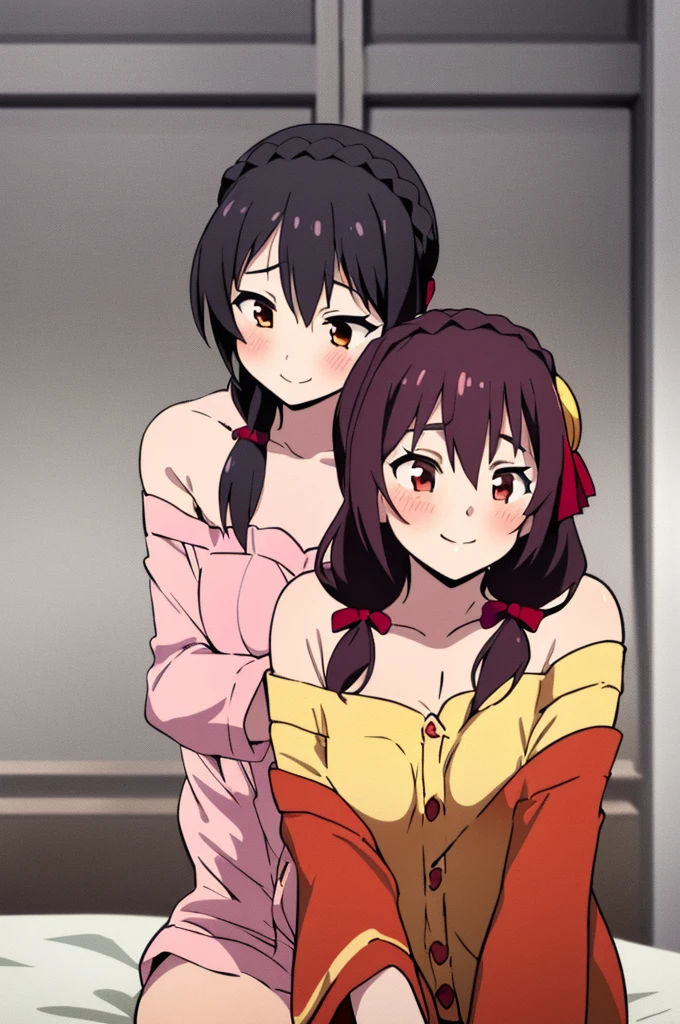 (masterpiece, Highest quality), One girl, Yunyun,Long Hair,Braiding,Twin tails,Hair between the eyes,Red hair ribbon,hair ornaments,large round breasts,、Black Hair、Red Eyes、(Happy Face:1.2)、bed、Crown Blade,(Yellow off-the-shoulder pajamas:1.5)、(blush)、Sitting、(Pink underwear:1.5)