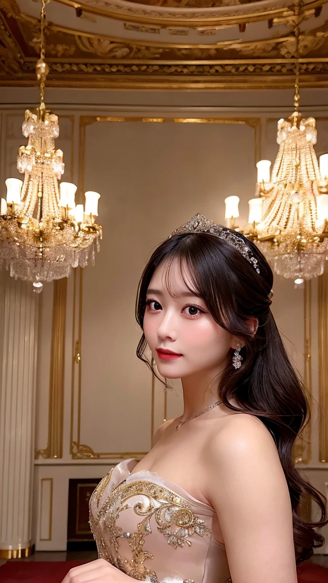 Create a high-resolution image of a beautiful woman dressed in an elegant, vintage evening gown. She is standing in a luxurious, opulent room with chandeliers and ornate decorations, evoking a sense of classic elegance and timeless beauty. The atmosphere should be warm and glamorous.