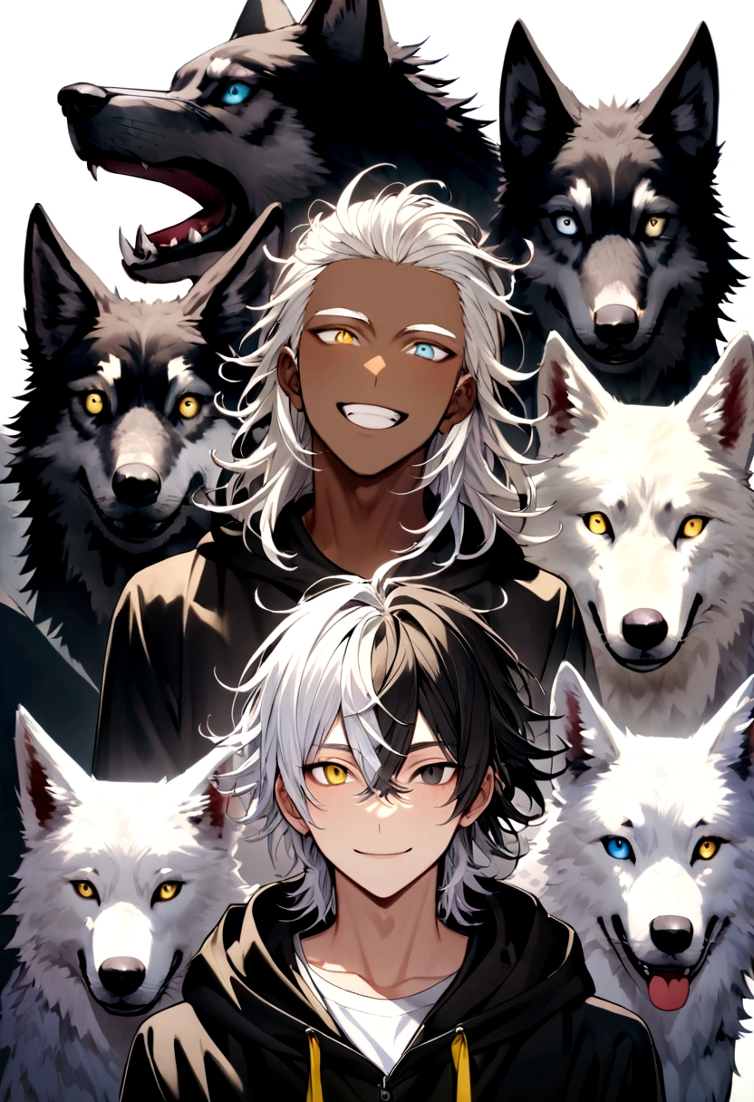 white  shirt, wearing a black hoodie , yellow and black eyes heterochromia , Joyful expression, Messy hair , Medium length hair , 1 men , multicolored black and white hair , two tone hair , dark skin color, next to two wolves, a black wolf with yellow eyes and a white wolf with black eyes 