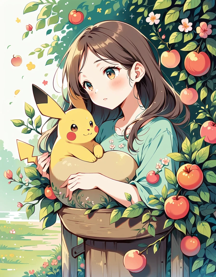 Mai Yoneyama style, cozy scene featuring hanging planters with adorable Pokémon, adding elements of Pikachu. The planters should be filled with lush greenery and colorful flowers. Include Pikachu comfortably resting in one of the planters, alongside other Pokémon like Celebi and Snivy. Use soft pastel colors and whimsical details to enhance the charm. The background should have subtle stripes with shades of green and peach, maintaining a warm and inviting atmosphere