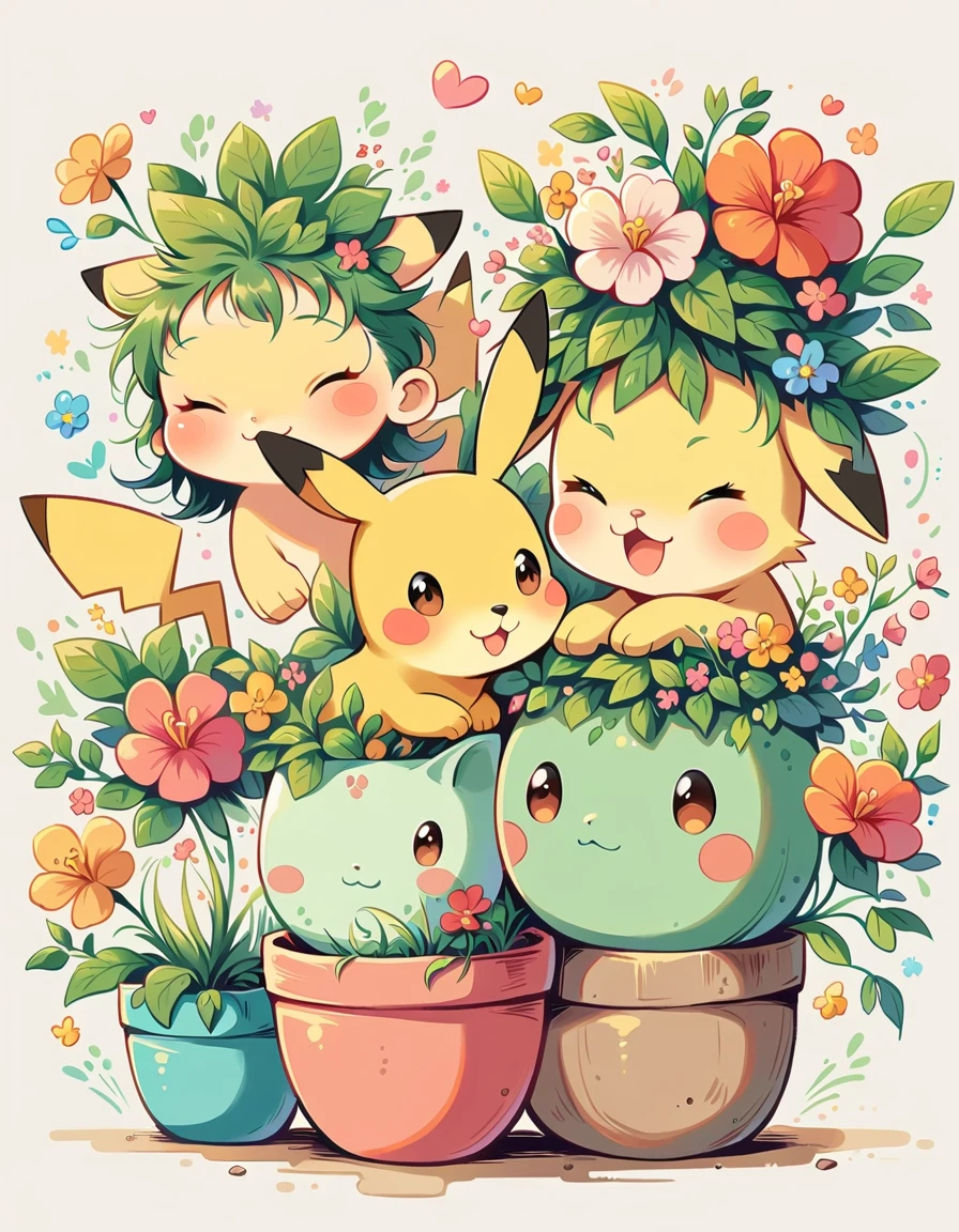 Mai Yoneyama style, cozy scene featuring hanging planters with adorable Pokémon, adding elements of Pikachu. The planters should be filled with lush greenery and colorful flowers. Include Pikachu comfortably resting in one of the planters, alongside other Pokémon like Celebi and Snivy. Use soft pastel colors and whimsical details to enhance the charm. The background should have subtle stripes with shades of green and peach, maintaining a warm and inviting atmosphere