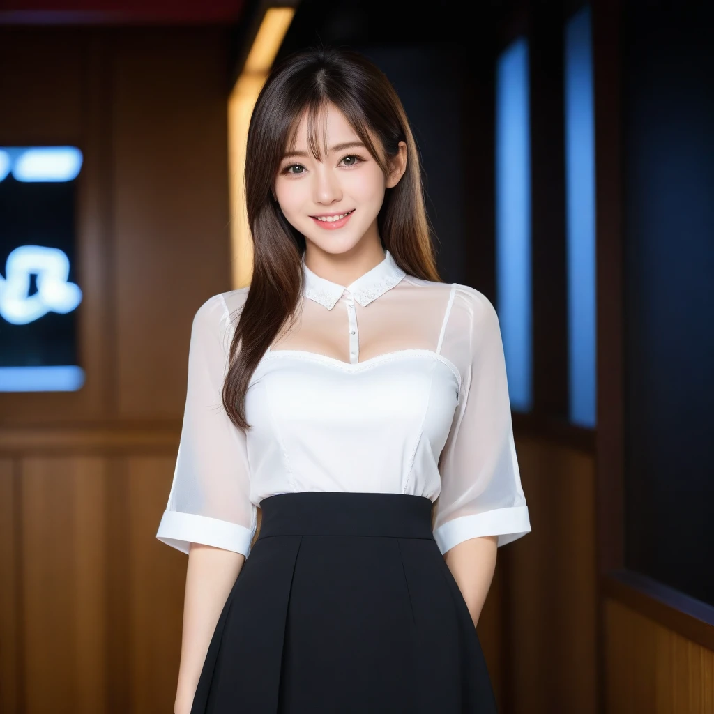 8K, Ultra-high resolution, Highest quality, masterpiece, 三分割法によるphotograph,Surreal, photograph, 1 girl, (:1.3), pretty girl, Cute face, Beautiful eyes in every detail, 細かくdetailedに,masterpiece,, One Girl:1.2, Japan Female Announcer,whole body,Young Wife, (night, (Neon Signs), (Blurred Background), ((See-through blouse)), (White blouse)), , Very slim, Black Pencil Skirt、Full of cleanliness,A carefree smile,Healing the heart,Semi-long layered hair,Looking at the audience、beauty,Long neck、Laugh a little、Please close your mouth and laugh、(((Ideal body type))),A-cup small breasts :2,、Portraiture:2、Perfect Anatomy、鮮明なdetailed、detailed、Surreal、Light and shadow,Strong light
