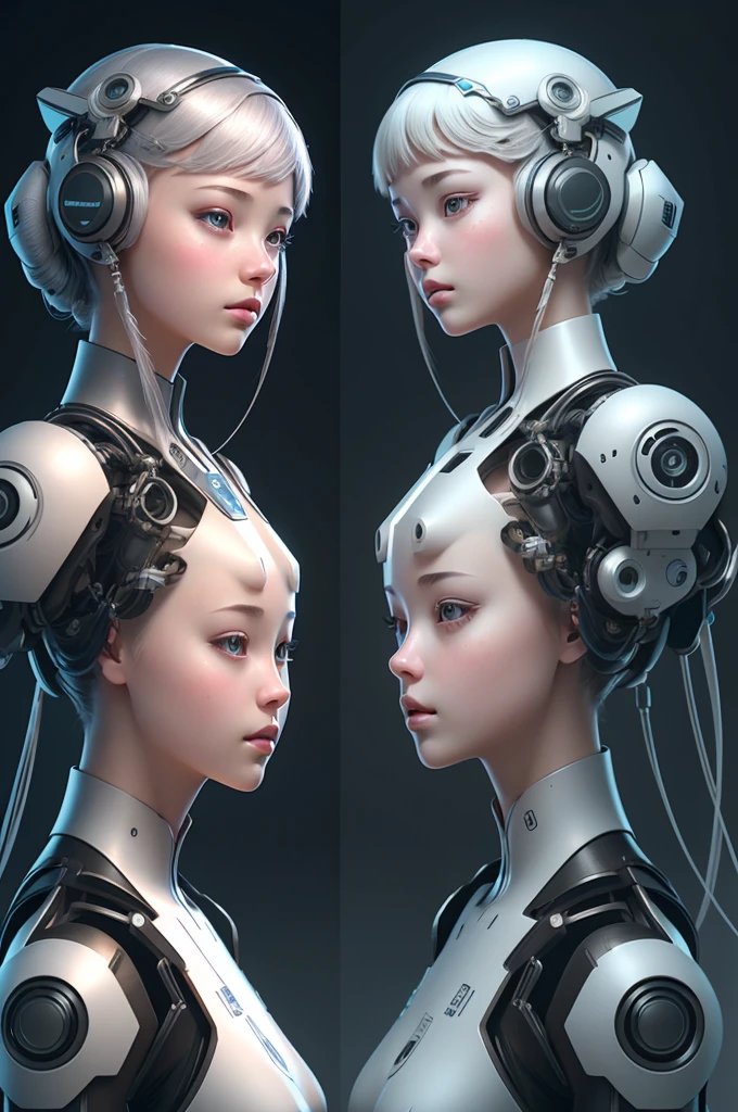 /I in style of 3D digital illustration, ethereal Shanghai girl, side-by-side comparison, showcasing technology and reality,The illustration on the left depicts her real face the illustration on the right reveals robot face,front view, symmetric, volumetric lighting,minimalist, solid background, high contrast, ultrahigh definition. --ar 3:4 --niji 6