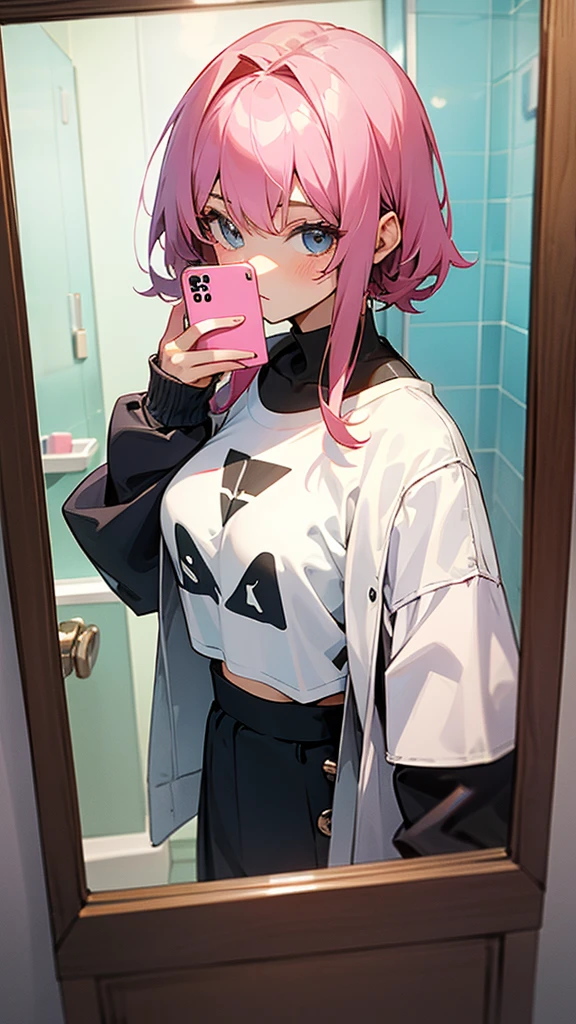 Anime cute girl taking a selfie in a mirror in a bathroom, taken in 2 0 2 0, cropped shirt with jacket, 