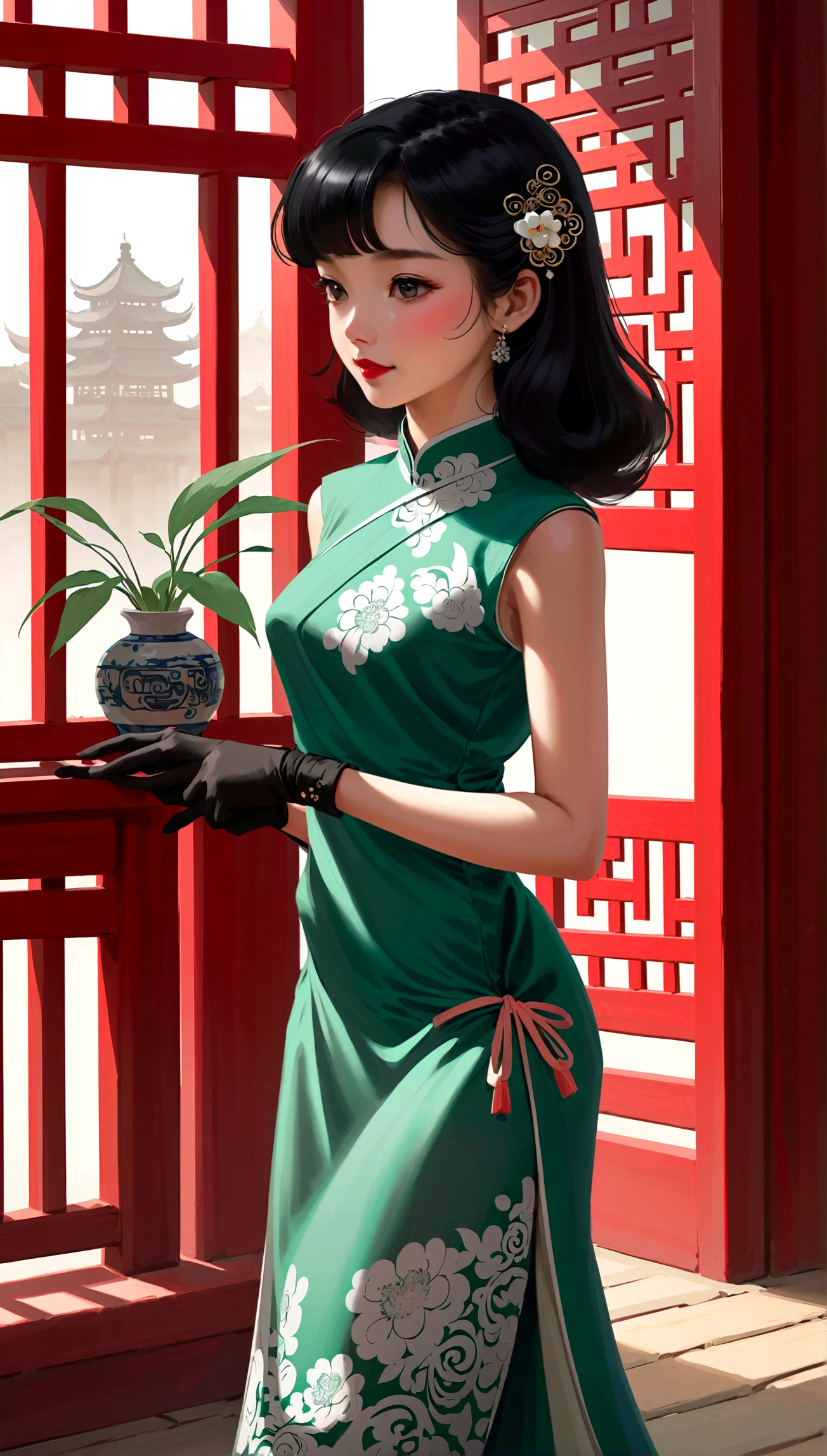 vintage风格, 1940s, 1 girl, Solitary, monochrome, Looking at the audience, Hair accessories, Cheongsam, a traditional Chinese costume, curls, traditional media, Bangs, cosmetic, Black Hair, Lipstick, Lace gloves, sleeveless, Exquisite shoes, whole body, Ancient buildings, Wooden construction, vintage, Nostalgia, Elegant Posture, Smile, Shadows and Highlights,微妙的vintage颗粒。
