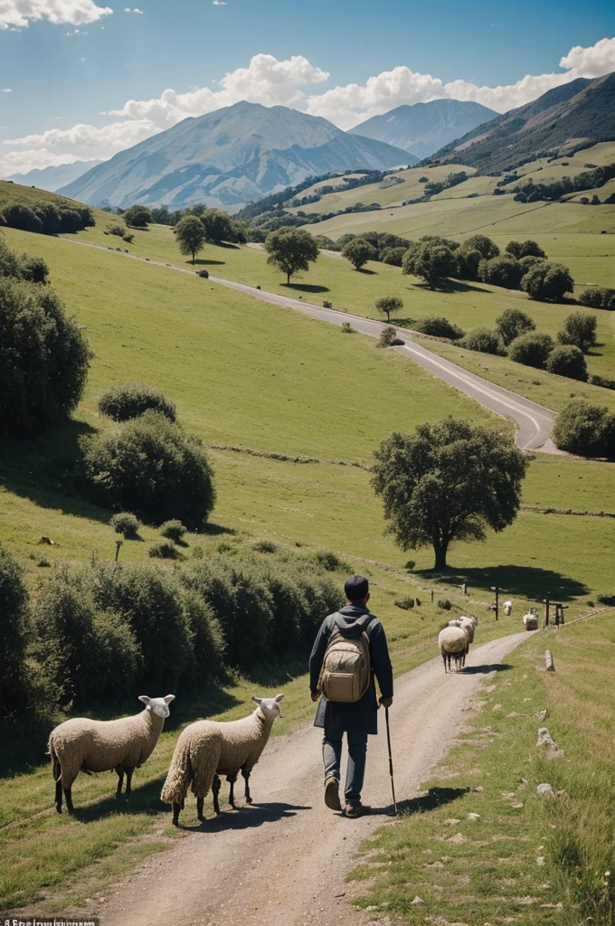 You could make a drawing that represents the duality of emotions that Santiago experiences on his trip to the town.. On the one hand, You could show him nervous and excited at the thought of seeing the girl again., perhaps with expressions of anxiety and expectation on his face. Could you represent their journey through the countryside, with the sheep around him, symbolizing his responsibility towards them.