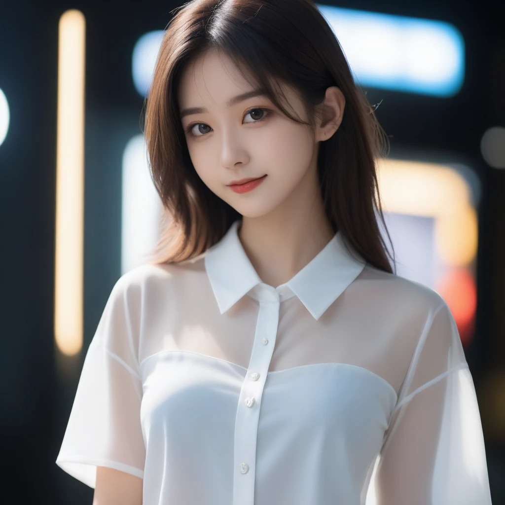 8K, Ultra-high resolution, Highest quality, masterpiece, 三分割法によるphotograph,Surreal, photograph, 1 girl, (16 years old:1.3), pretty girl, Cute face, Beautiful eyes in every detail, 細かくdetailedに,masterpiece,, One Girl:1.2, Japan Female Announcer,whole body,Young Wife, (night, (Neon Signs), (Blurred Background), ((See-through blouse)), (White blouse)), , Very slim, Black Pencil Skirt、Full of cleanliness,A carefree smile,Healing the heart,Semi-long layered hair,Looking at the audience、beauty,Long neck、Laugh a little、Please close your mouth and laugh、(((Ideal body type))),A-cup small breasts :2,、Portraiture:2、Perfect Anatomy、鮮明なdetailed、detailed、Surreal、Light and shadow,Strong light