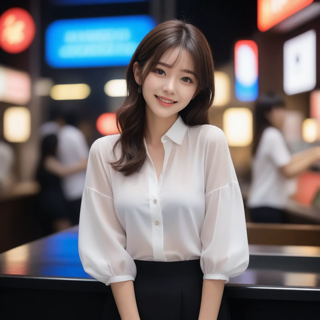 8K, Ultra-high resolution, Highest quality, masterpiece, 三分割法によるphotograph,Surreal, photograph, 1 girl, (:1.3), pretty girl, Cute face, Beautiful eyes in every detail, 細かくdetailedに,masterpiece,, One Girl:1.2, Japan Female Announcer,whole body,Young Wife, (night, (Neon Signs), (Blurred Background), ((See-through blouse)), (White blouse)), , Very slim, Black Pencil Skirt、Full of cleanliness,A carefree smile,Healing the heart,Semi-long layered hair,Looking at the audience、beauty,Long neck、Laugh a little、Please close your mouth and laugh、(((Ideal body type))),A-cup small breasts :2,、Portraiture:2、Perfect Anatomy、鮮明なdetailed、detailed、Surreal、Light and shadow,Strong light