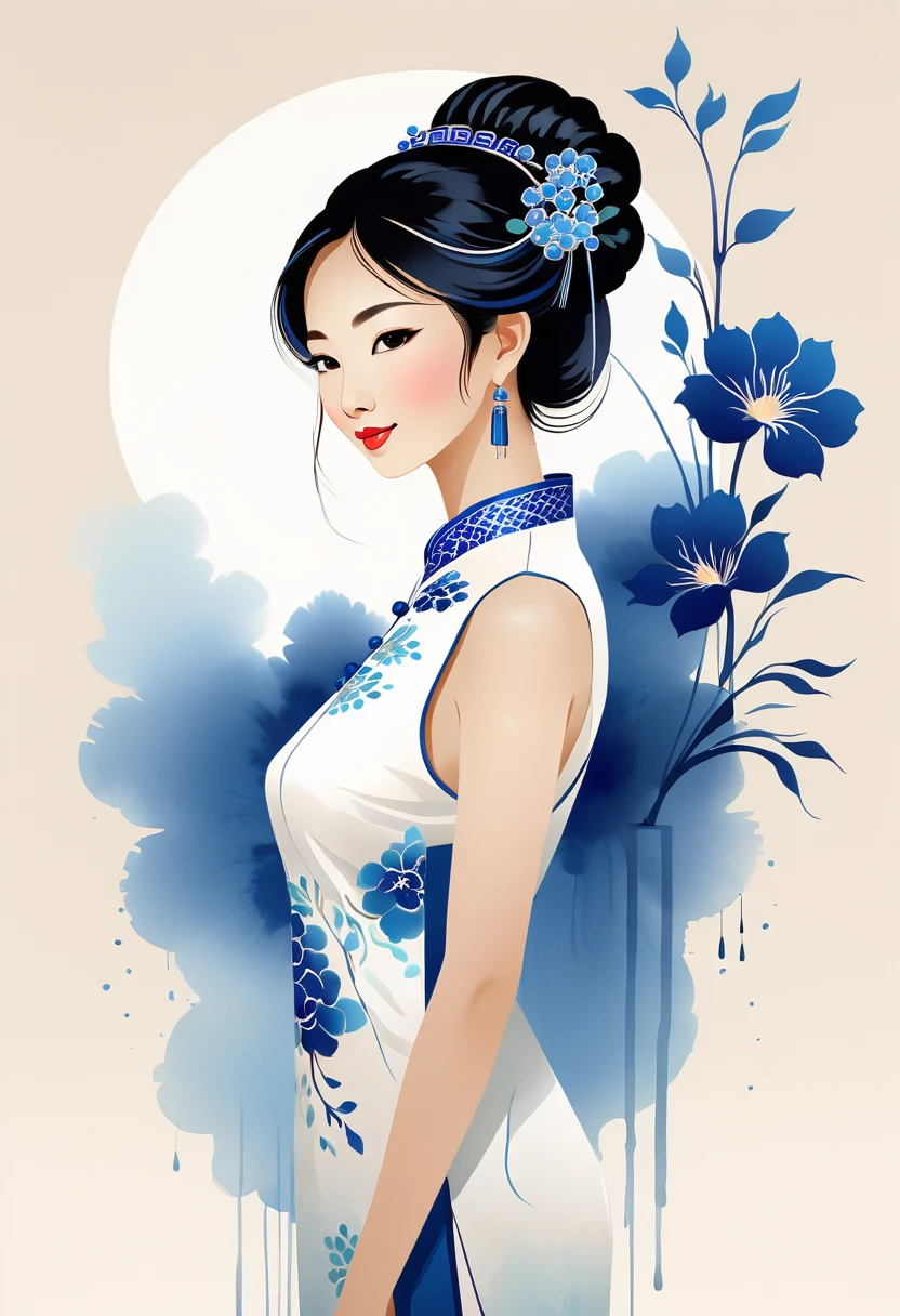 vector，Flat style wearing a long white silk cheongsam and blue embroidered flowers. The oriental beauty girl has a beautiful face and a gentle smile. The artistic conception is abstract digital art illustration. The background is a simple light basket ink dripping. The proportions of the figure are delicate and realistic in the gongbi watercolor style.