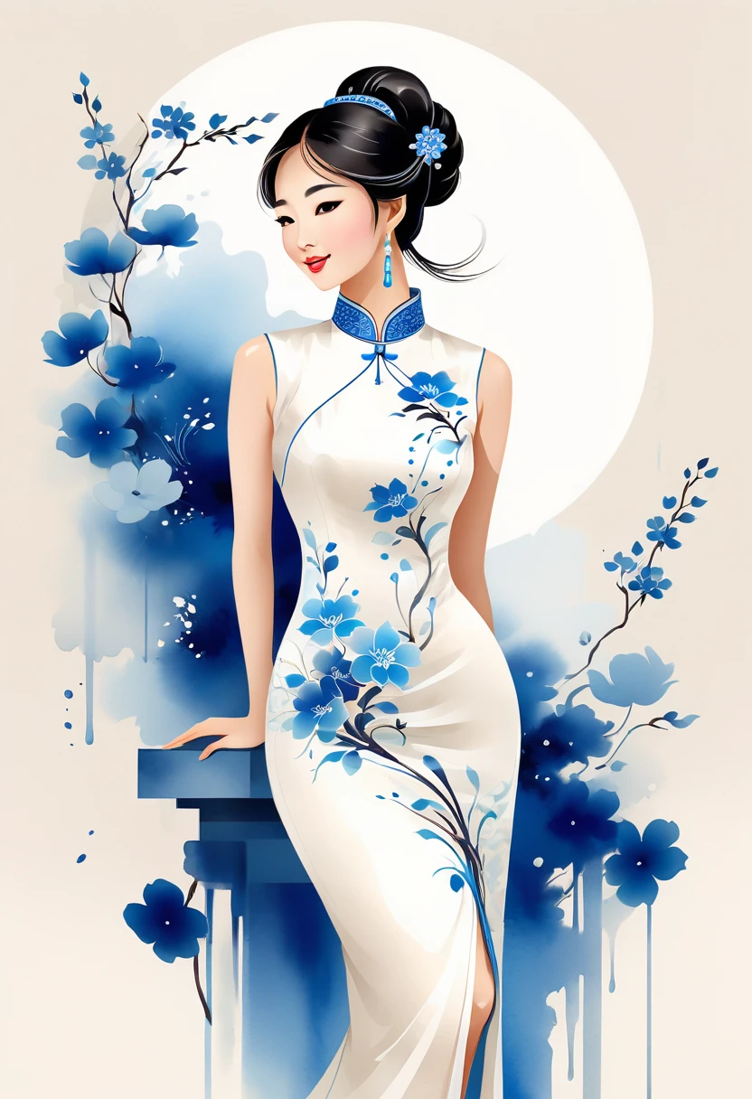 vector,Flat style wearing a long white silk cheongsam and blue embroidered flowers. The oriental beauty girl has a beautiful face and a gentle smile. The artistic conception is abstract digital art illustration. The background is a simple light basket ink dripping. The proportions of the figure are delicate and realistic in the gongbi watercolor style.
