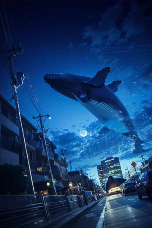 ((1 flying whale in the sky, city by night)),Raw photo,ultra realistic, uhd, realistic skin and materials, dreaming atmosphere, best quality,16k resolution,vivid colors, photo realistic