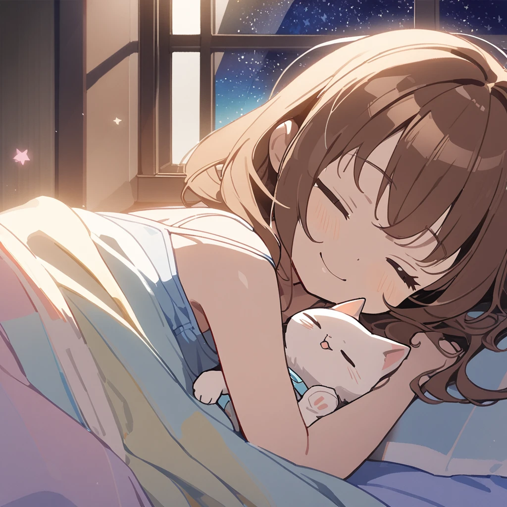 masterpiece、Highest quality、Depth of subject、2D illustration、1 beautiful girl、独奏, (((chibi style)))、((night)), ((window)), ((starry sky)), Long, beautiful hair、shiny brown hair、cute、Beautifully detailed eyes、((closed eyes))、((blanket))、a cute sleeping kitten on blanket, ((colorful))、Camisole dress、((happy smile))、sleeping on bed, ((close up shot))、((Asleep in bed)), ((in the room))、((There's a lot of pink around))、Thighs、((vivid color))、sparkle、((Lens flare))、