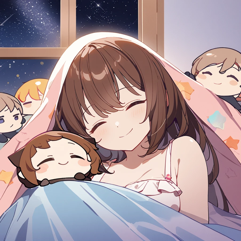 masterpiece、Highest quality、Depth of subject、２D illustration、1 beautiful girl、独奏, (((chibi style)))、((night)), ((window)), ((starry sky)), Long, beautiful hair、shiny brown hair、cute、Beautifully detailed eyes、((closed eyes))、((blanket))、a cute sleeping kitten on blanket, ((colorful))、Camisole dress、((happy smile))、sleeping on bed, ((close up shot))、((Asleep in bed)), ((in the room))、((There&#39;s a lot of pink around))、Thighs、((vivid color))、sparkle、((Lens flare))、
