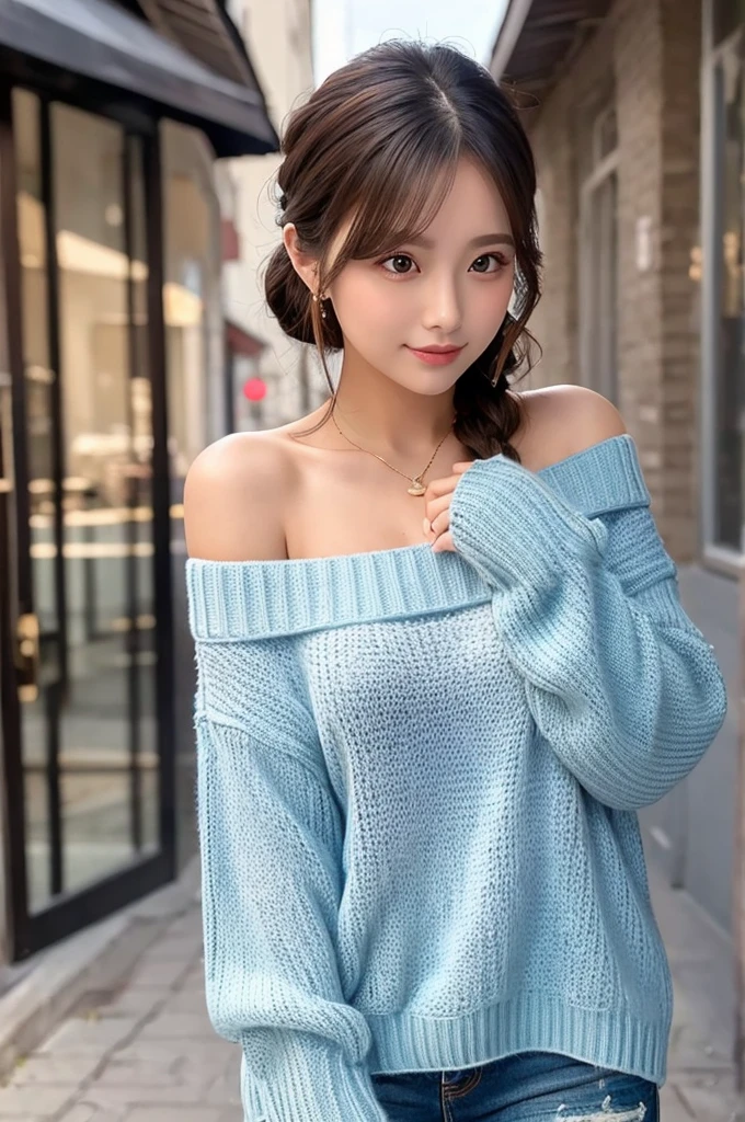 ((Highest quality)), ((masterpiece)), (detailed), One girl, Off-the-shoulder sweater,